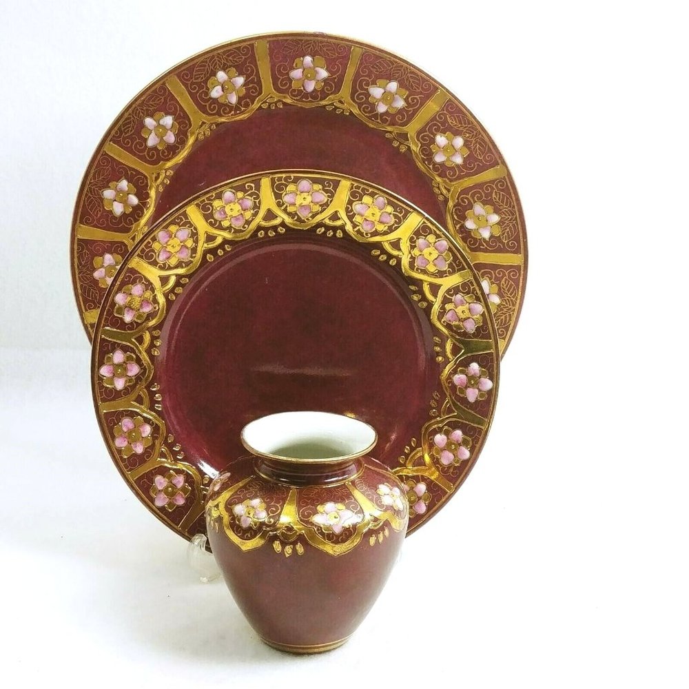 Decorative Dinner Salad Plate Vase set Toyo Orig Decal Moriage Relief Texture